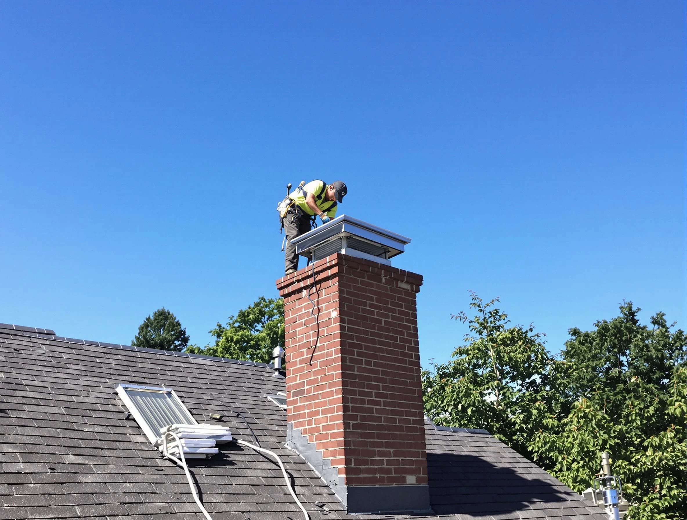 O'Hara Chimney Sweep technician measuring a chimney cap in O'Hara, PA